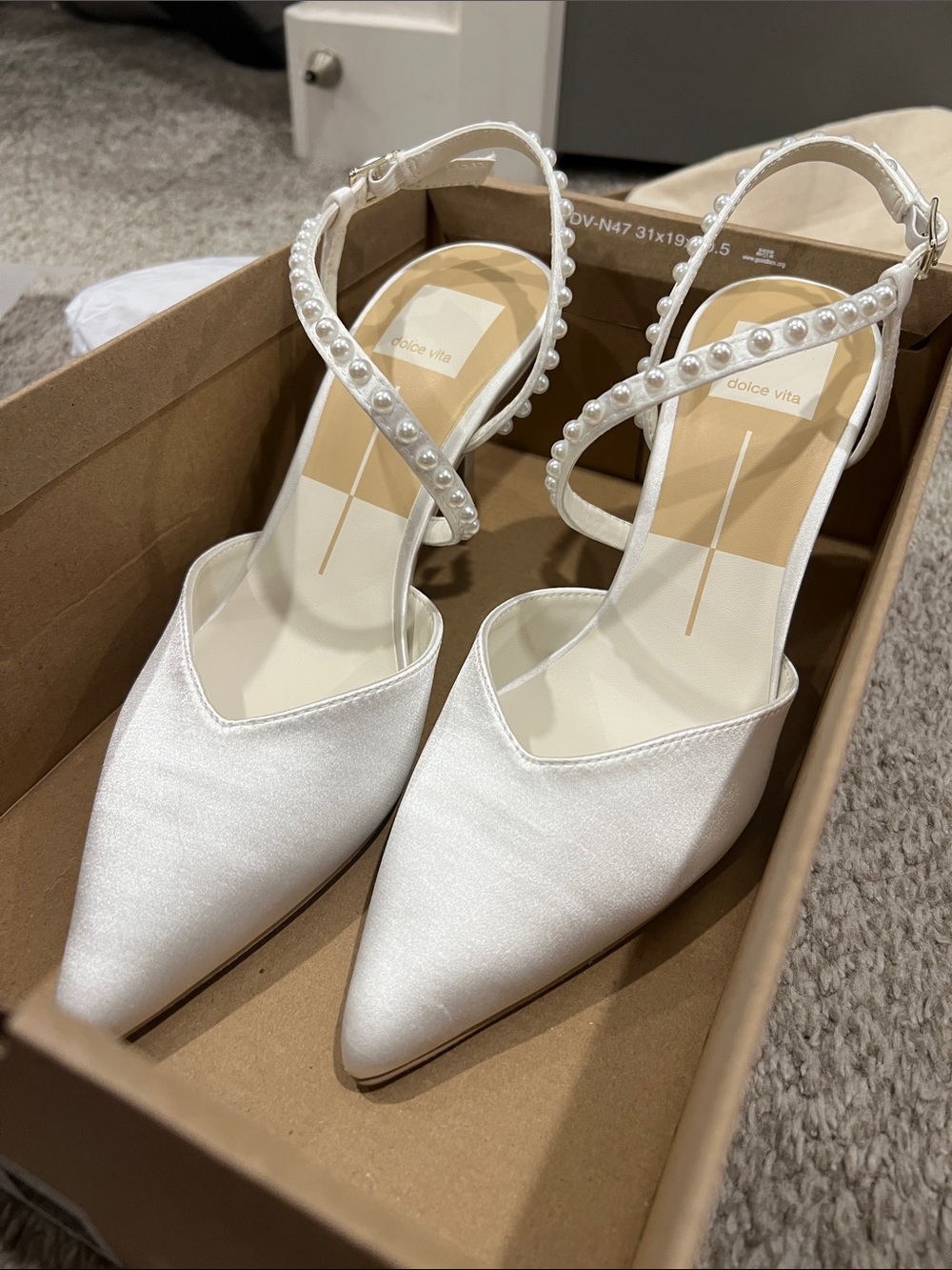Dolce Vita White Pearl-Strap Satin Pointed Heels